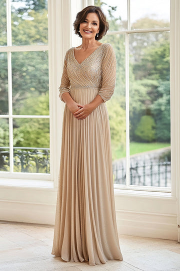 Élégante Robe Mère de la Mariée Plissée, Champagne A Ligne Col V